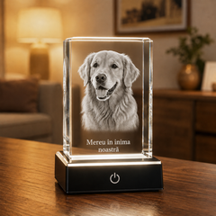 Cristal Foto Personalizat cu Bază LED RGB și Cutie Cadou – Poza Ta Gravată în Interior
