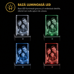 Cristal Foto Personalizat cu Bază LED RGB și Cutie Cadou – Poza Ta Gravată în Interior